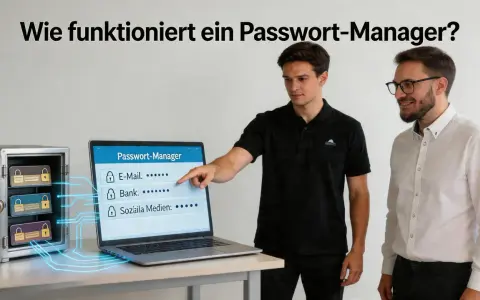 Zwei Männer erklären, wie funktioniert ein Passwort-Manager. Ein Tresor mit Passwortkarten und ein Laptop zeigen die sichere Speicherung.