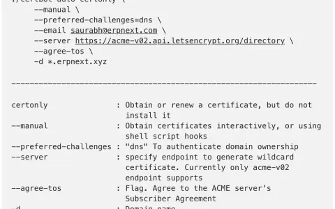 Certbot-Befehl zur Erstellung eines wildcard Zertifikats für *.erpnext.xyz mit DNS-Authentifizierung.