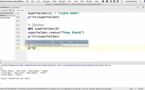 Python Grundlagen: Code zeigt Listenmanipulation in PyCharm. Superhelden werden hinzugefügt und entfernt.