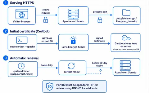 Diagramm zeigt, wie Certbot Zertifikate für HTTPS-Server bereitstellt und wie die automatische Erneuerung (certbot auto renew) über systemd und Let's Encrypt ACME funktioniert.