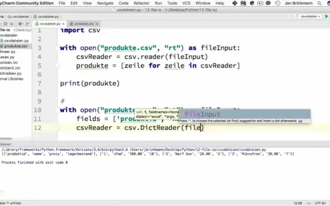 Python-Code liest CSV-Datei und wandelt sie in eine Liste von Listen um. Das Ergebnis zeigt die Daten als Array.
