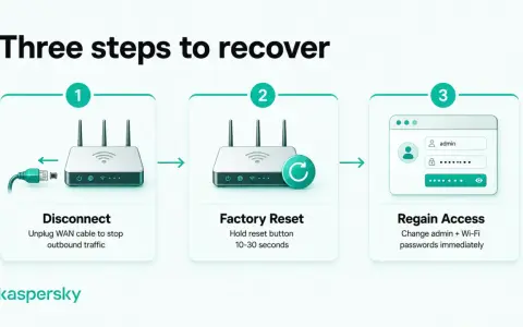 Schritte zur Wiederherstellung nach einem Hackerangriff auf den Router: WAN-Kabel trennen, Werkseinstellungen wiederherstellen, Zugriff neu sichern.