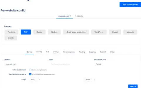 NGINXConfig-Oberfläche zur Konfiguration von example.com. Hier werden Server-Einstellungen, Pfade und die Weiterleitung von Subdomains für eine nginx config comment bearbeitet.