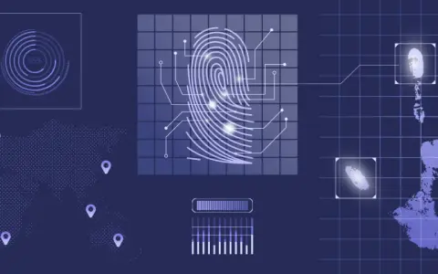 Digitale Darstellung von biometrischer Erkennung mit Fingerabdruck-Scan, Handabdruck-Analyse und Weltkarte mit Markierungen.