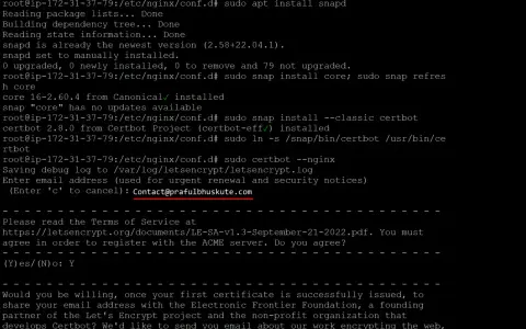 Installation von Certbot auf Ubuntu mit Snap. E-Mail-Adresse für Benachrichtigungen wird eingegeben.