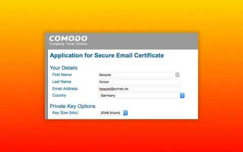 Antrag auf ein sicheres E-Mail-Zertifikat von Comodo. Hier können Sie ein kostenloses S/MIME-Zertifikat beantragen, indem Sie Ihre Daten eingeben.