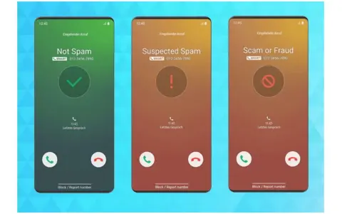 Drei Handy-Bildschirme zeigen, was bedeutet Spam auf dem Handy: "Not Spam" (grün), "Suspected Spam" (orange) und "Scam or Fraud" (rot).