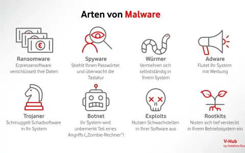 Arten von Malware: Ransomware, Spyware, Würmer, Adware, Trojaner, Botnet, Exploits, Rootkits. Malware vs. Virus: Die Grafik zeigt verschiedene Arten von Malware.
