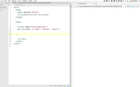HTML-Code mit JavaScript, der eine Schleife mit dem Schlüsselwort "for" vorbereitet, um Teilnehmernamen auszugeben.