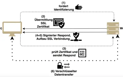 Diagramm zeigt, wie ein Browser ein SSL-Zertifikat testet, um eine sichere Verbindung zum Webserver aufzubauen.