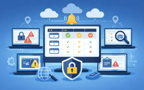 Sicherheitsüberwachung mit Laptops, die Warnungen und Schlösser zeigen. Ein zentraler Monitor mit Checklisten und eine Glocke für Benachrichtigungen.