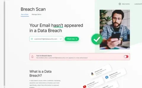 Der **data breach scanner** zeigt, dass Ihre E-Mail sicher ist. Überprüfen Sie Ihre Konten auf potenzielle Datenlecks.