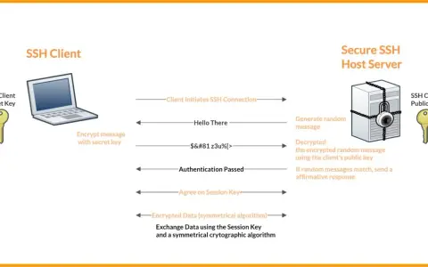Schema zur SSH-Schlüsselverwaltung: Client initiiert Verbindung, verschlüsselt Nachricht mit privatem Schlüssel, Server entschlüsselt mit öffentlichem Schlüssel.