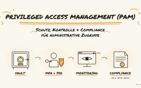 Schutz, Kontrolle und Compliance für administrative Zugriffe durch Privileged Access Management (PAM): Vault, MFA+SSO, Monitoring und Compliance.