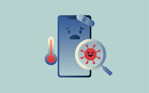 Trauriges Smartphone mit Pflaster, Thermometer und Lupe, die ein böses Virus zeigt. Das ist Scareware, die Angst macht.