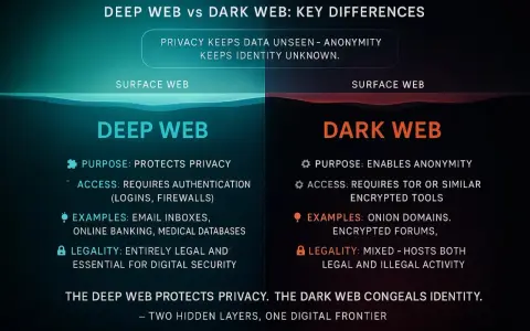 Vergleich von Deep Web und Dark Web: Deep Web schützt Privatsphäre, Dark Web ermöglicht Anonymität. Unterschiede bei Zweck, Zugang und Legalität.