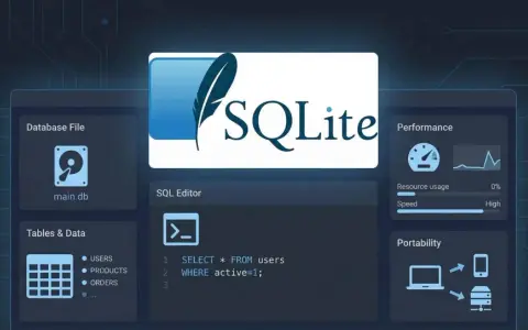 SQLite ist eine leichte, dateibasierte Datenbank. Das Bild zeigt die Benutzeroberfläche mit SQL-Editor, Performance- und Portabilitätsanzeigen.