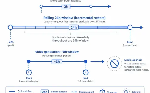 Zeitfenster für Videogenerierung: ~8h. Wenn der **rate limit reached** erreicht ist, muss auf Quota-Wiederherstellung gewartet werden.