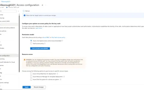 Konfiguration der Zugriffsrichtlinien für einen Azure Vault. Hier wird das Berechtigungsmodell für den Zugriff auf den Key Vault festgelegt.
