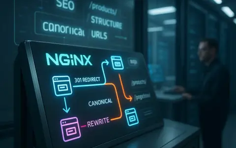 NGINX-Diagramm zeigt 301-Redirect, Canonical und Rewrite, die für SEO und URL-Struktur wichtig sind. Die Verwendung von nginx location regex ist hier zentral.