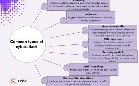 Übersicht über verschiedene Arten von Cyberangriffen: Phishing, Malware, Man-in-the-middle, SQL-Injection, Zero-Day-Exploit, DNS-Tunnelling, Denial-of-Service.