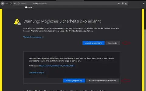 Firefox-Warnung: Mögliches Sicherheitsrisiko wegen eines selbstsignierten Apache-Zertifikats. MOZILLA_PKIX_ERROR_SELF_SIGNED_CERT.