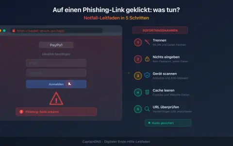 Auf einen Phishing-Link geklickt? Hier ist der Notfall-Leitfaden: Trennen, nichts eingeben, Gerät scannen, Cache leeren, URL prüfen.