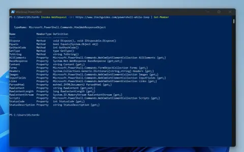PowerShell-Fenster zeigt `Invoke-WebRequest` mit `Get-Member`, um die Eigenschaften des `HtmlWebResponseObject` zu untersuchen.