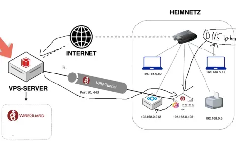 Netzwerkdiagramm: VPS-Server, VPN-Tunnel, Internet und Heimnetzwerk mit NGINX Proxy Manager als DNS-Resolver.