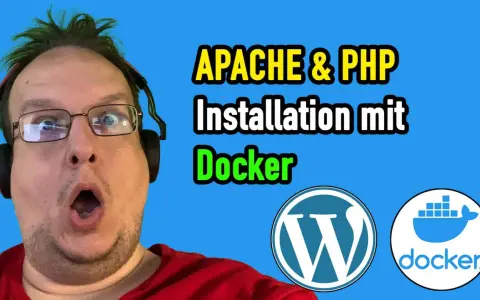 Mann mit grünen Haaren und Kopfhörern erklärt die Installation von Apache & PHP mit Docker. WordPress- und Docker-Logos sind sichtbar.