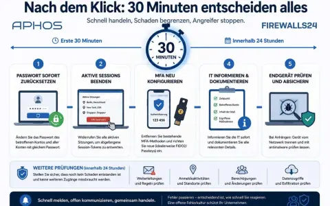 Schutz vor Smishing: 5 Schritte nach einem Klick. Passwort ändern, Sitzungen beenden, MFA neu konfigurieren, IT informieren, Endgerät prüfen. Schnell handeln!