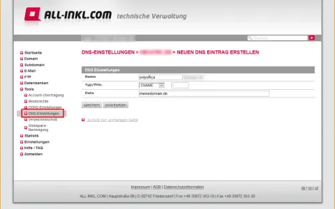 Konfiguration eines DNS-Eintrags für "onlyoffice" auf "meinedomain.de". Hier werden die DNS-Einstellungen für multiple Domains verwaltet.