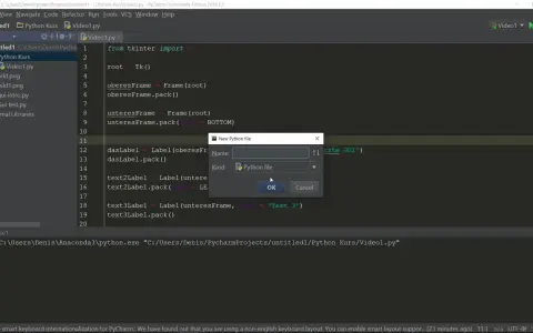 Ein Dialogfenster "New Python file" mit einem Eingabefeld für den Namen und der Option "Python file" ist geöffnet. Ein tkinter button "OK" ist sichtbar.