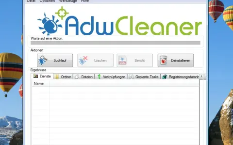 AdwCleaner-Fenster zeigt Optionen zum adware entfernen. Suche, Löschen und Deinstallieren sind verfügbar.