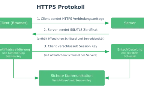 Diagramm des HTTPS-Protokolls: Client sendet Anfrage, Server sendet SSL/TLS-Zertifikat mit öffentlichen Schlüssel. Client validiert, generiert Session Key & verschlüsselt. Sichere Kommunikation über SSL-Ports.