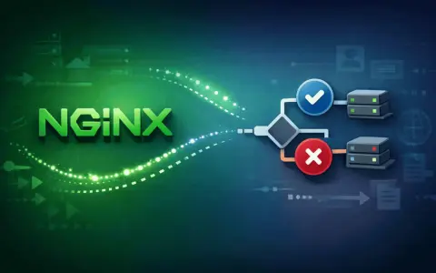 NGINX-Logo mit einem Flussdiagramm, das eine Entscheidung trifft: entweder Erfolg (grüner Haken) oder Fehler (rotes Kreuz), mit Servern und Symbolen.