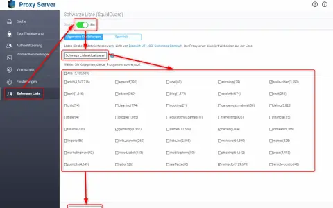 QNAP Reverse Proxy: Schwarze Liste mit Kategorien wie "gambling" und "hacking" zur Sperrung von Webseiten.
