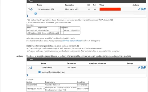 pfSense HAProxy: ACLs definieren, z.B. "HomeAssistant_ACL" für Host-Starts. Aktionen wählen, um Backends zu steuern.