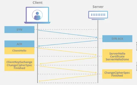 Diagramm zeigt TLS-Handshake: Client sendet SYN, ACK, ClientHello. Server antwortet mit SYN ACK, ServerHello, Certificate. TLS Client Zertifikat wird ausgetauscht.