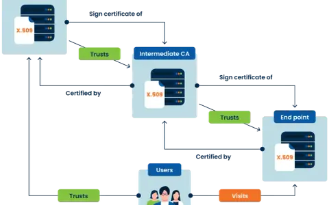 Diagramm zeigt eine Kette des Vertrauens: Root CA zertifiziert Intermediate CA, die Endpunkte und Nutzer zertifiziert.