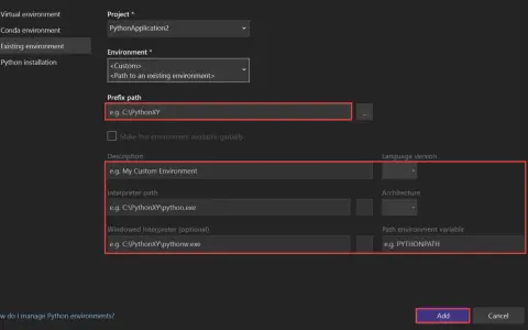 Konfiguration einer bestehenden Python-Umgebung mit Pfadangaben und Beschreibung.
