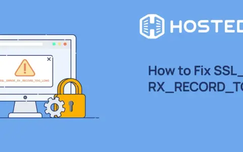 Ein Computer zeigt den Fehler "ssl_error_rx_record_too_long" an. Ein Schloss und Zahnrad symbolisieren die Lösung.