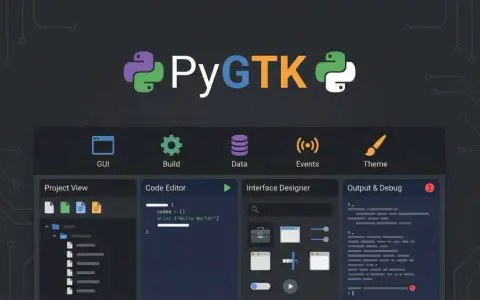 PyGTK-IDE zum **python gui erstellen**. Zeigt Code-Editor, Projektansicht, Interface Designer und Output.