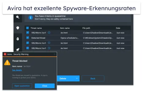 Avira hat 4 Elemente in Quarantäne, darunter eine potenziell schädliche Spyware-App namens Jer.html.