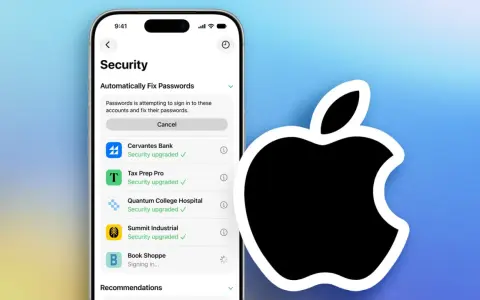 iPhone-Bildschirm zeigt "Sicherheit" mit der Option "Passwörter automatisch reparieren", was auf einen iPhone Passwort Manager hindeutet.