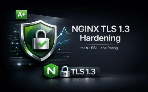NGINX TLS 1.3 Hardening für A+ SSL Labs Rating. Ein Schild mit Schloss und Haken symbolisiert Sicherheit.