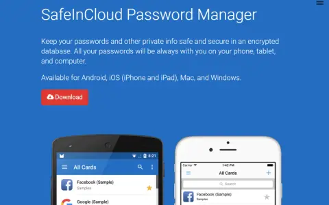 SafeInCloud: Ein lokaler Passwort Manager für sichere Speicherung auf allen Geräten. Download-Button sichtbar.