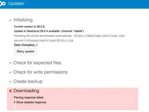 Update fehlgeschlagen: client denied by server configuration. Download von Nextcloud 29.0.4 nicht möglich.