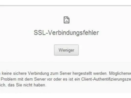 SSL-Verbindungsfehler: Ein Problem mit dem Apache-Server oder ein fehlendes Client-Zertifikat, das mit Certbot konfiguriert werden könnte.
