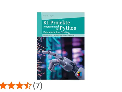 Buchcover: KI-Projekte programmieren mit Python. Ein Roboterfinger zeigt auf Code.